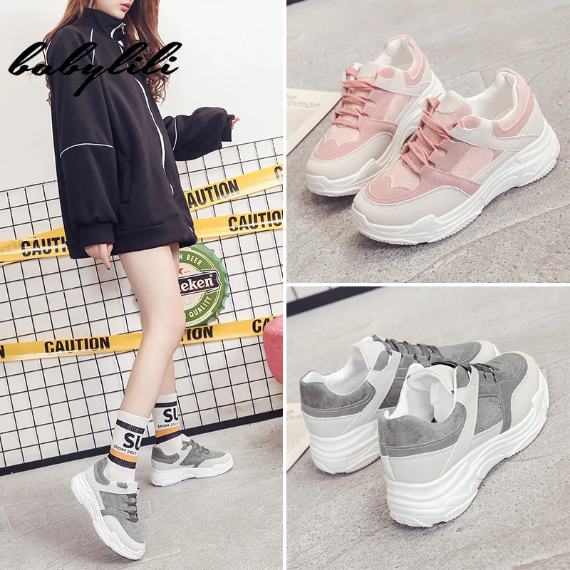 

2019 New High Help Casual Women Pink Sneakers Thick Bottom Summer Breathable Running Shoes High Quality Lace Up Ladies Sneaker