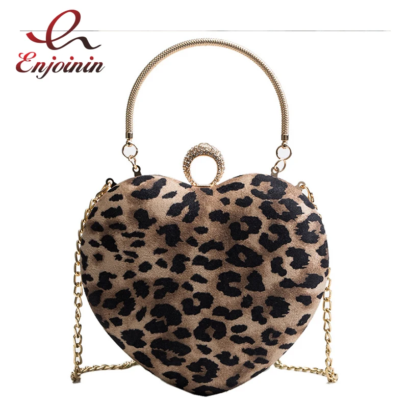 

Leopard Heart Shaped Design Faux Suede Diamond Fashion Ladies Party Evening Bag Clutch Bag Women's Handbag Mini Messenger Bag