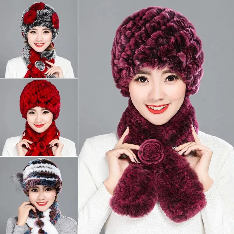 Fashion girl fur cap lady winter natural real rex rabbit fur hat scarf Suite high quality women 100% genuine fur free shipping 6