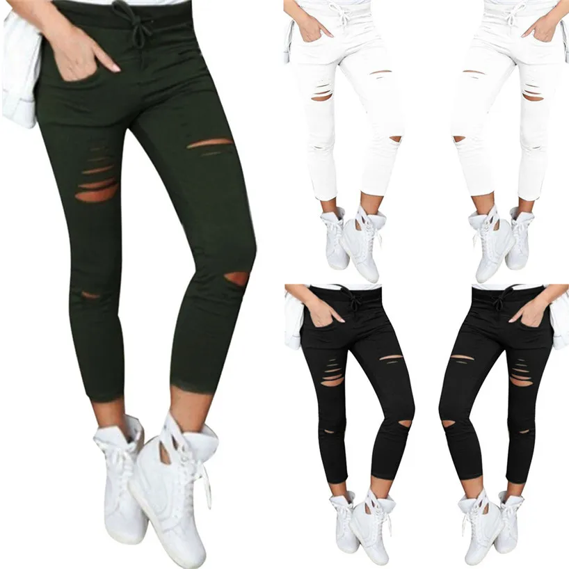 

Womail Women Skinny Ripped Hole Pants High Waist Stretch Slim Pencil Trousers oct30