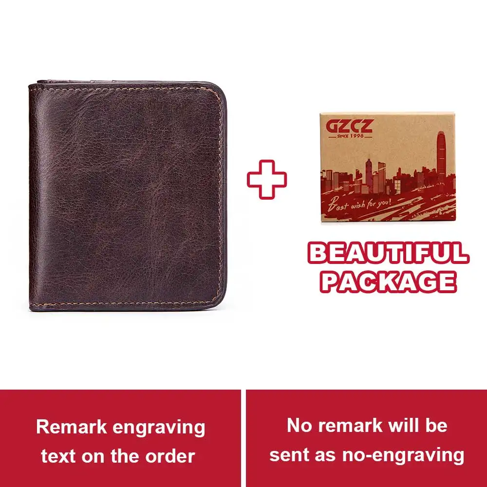 GZCZ мужской кошелек из натуральной кожи, Короткий Мужской кошелек, винтажный кошелек на молнии для монет, кошелек для карт, портфель, мужской кошелек, гравировка - Цвет: Coffee-BOX