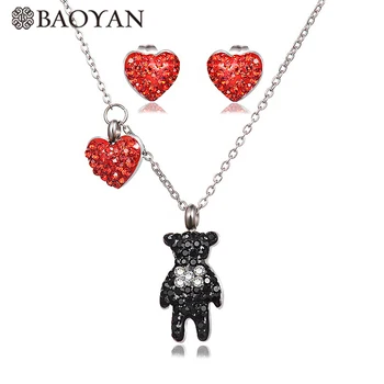 

Baoyan Cute Zircon Paved Bear Red Heart Gold Silver Color Pendant Necklace 316L Stainless Steel Jewelry Sets for Women for Girls