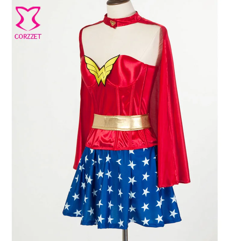 Красный корсет с эффектом пуш-ап, топ с синей юбкой и накидкой, косплей, костюм Суперженщины, костюм Чудо-женщины, сексуальные костюмы на Хэллоуин для женщин и взрослых