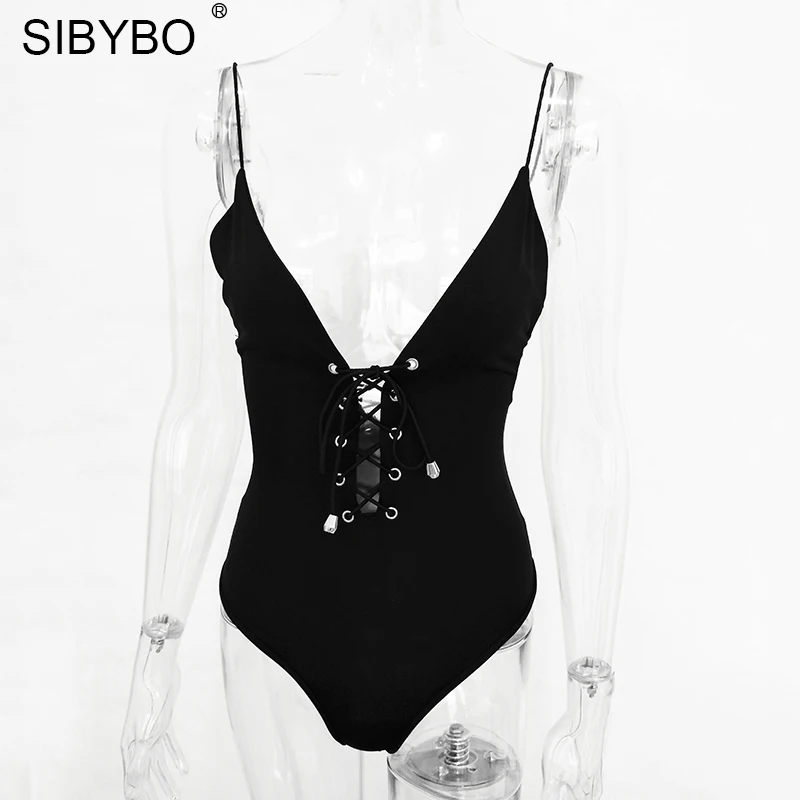 Sibybo, сексуальный женский комбинезон на шнуровке, лето, открытая спина, глубокий v-образный вырез, тонкий комбинезон, Облегающий комбинезон, женские комбинезоны, топы