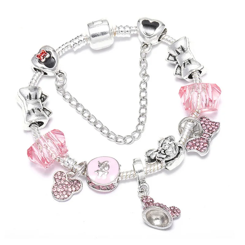 Boosbiy Dropshipping Cute Mickey Minnie Charm Bracelet For Women Kids With Silver Snake Chain Brand Bracelet Christmas Jewelry