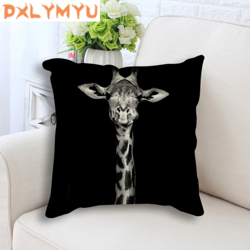 Giraffe Tiger Leopard Lion Elephant Painting Printed Decorative Throw Pillow Black Back Cushion for Sofa Kid Room Home Decor