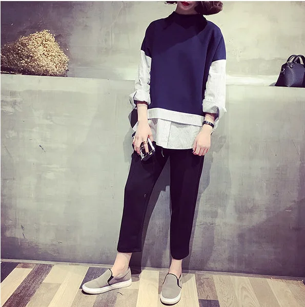 Mr.nut Korean Ocean loose loose vertical stripes stitching O-neck long-sleeved hooded hooded women's casual shirt