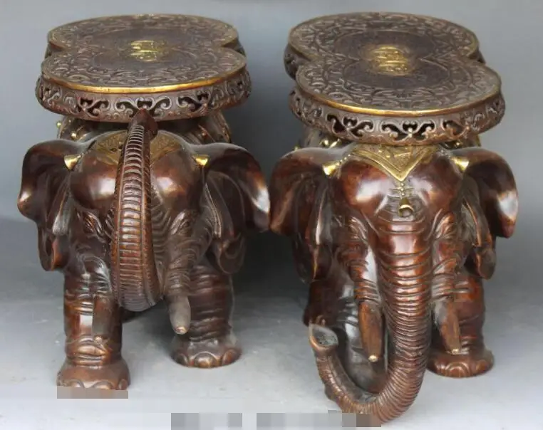 

S6140 18" Bronze Gilt Elephant Heffalump Door Chair Incense Burner Censer Statue Pair D0318