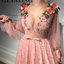 Румяно-розовые вечерние платья из жемчуга с рукавами, с длинным v-образным вырезом, 3D Цветочная аппликация, блестящее платье для выпускного вечера, тюлевые А-образные вечерние платья