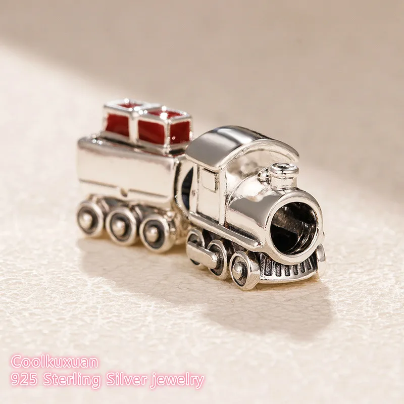 

2018 winter 100% 925 Sterling Silver Christmas Train Charm, Red Enamel beads Fit Original Pandora Charms Bracelet Jewelry