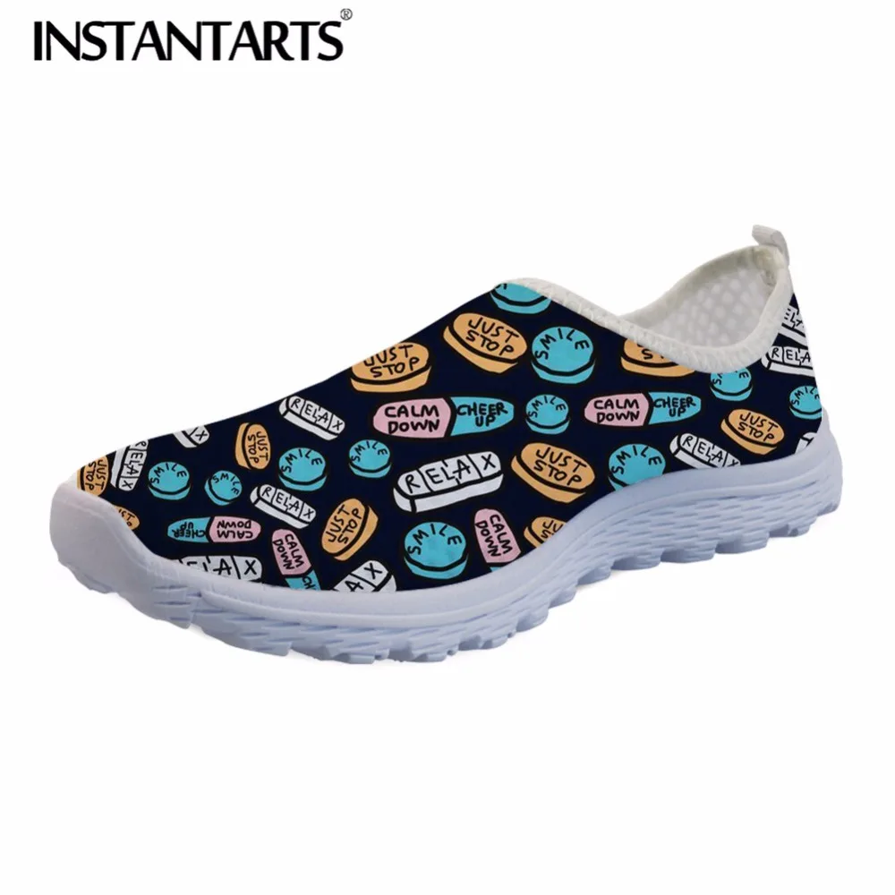 

INSTANTARTS Women Slip On Running Shoes Cartoon Pharmacy Pattern Light Mesh Sneakers Breathable Outdoor Sports Athletic Shoes