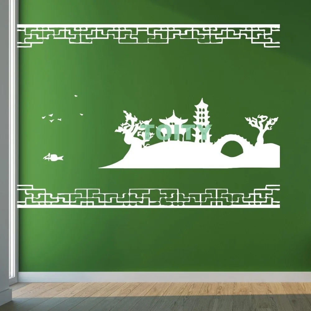 Vinyl Decal Landscape Attributes Chinese Pagoda Sakura Wall Sticker Home Room Interior Design Art Decor Murals M L | Дом и сад