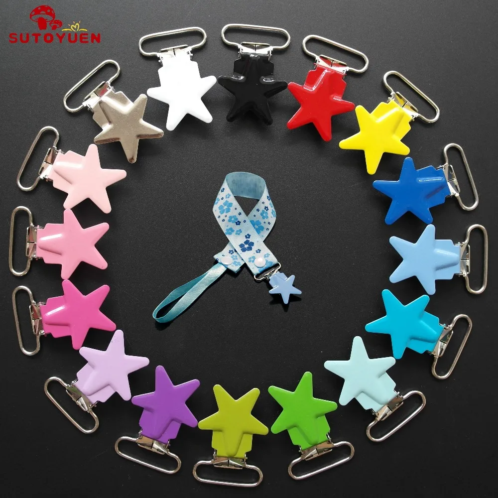 

Free Shipping 32 pcs 1'' 25mm 16 Colors Assorted Enamel Star Metal Suspender Clips wholesale Pacifier Clips 25mm Lead Free