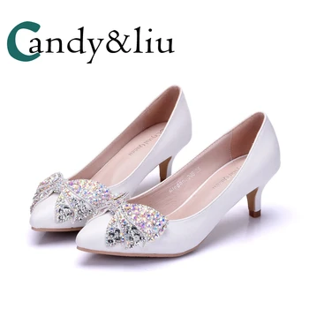 

Colorful Crystal Butterfly Bowknot Wedding Shoes Pointed Toe Slip-on Chunky Spike Heel Women Pumps for Party Banquet Pregnant