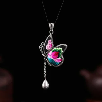 

free shipping Miao Silver Pendant Butterfly bottom embroidered bird pendant accessories luck art tassel daycare old stitch