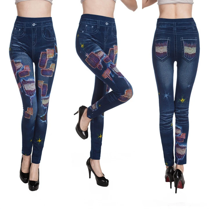 Fashion Slim Women Spring Summer Leggings Faux Denim Jeans Leggings Long Floral Printing Casual Pencil Pants Thin Fleece Inside white leggings