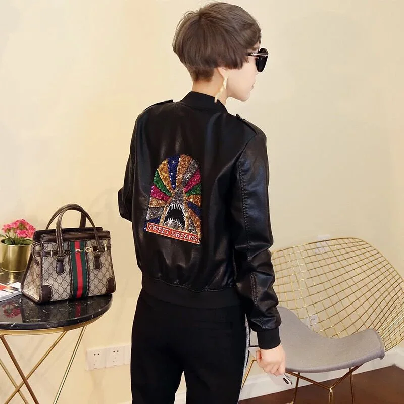 Тема 21 куртка из искусственной кожи женская новая модная мотоциклетная куртка на молнии Короткая байкерская куртка из искусственной кожи мягкая женская куртка-бомбер - Цвет: Black
