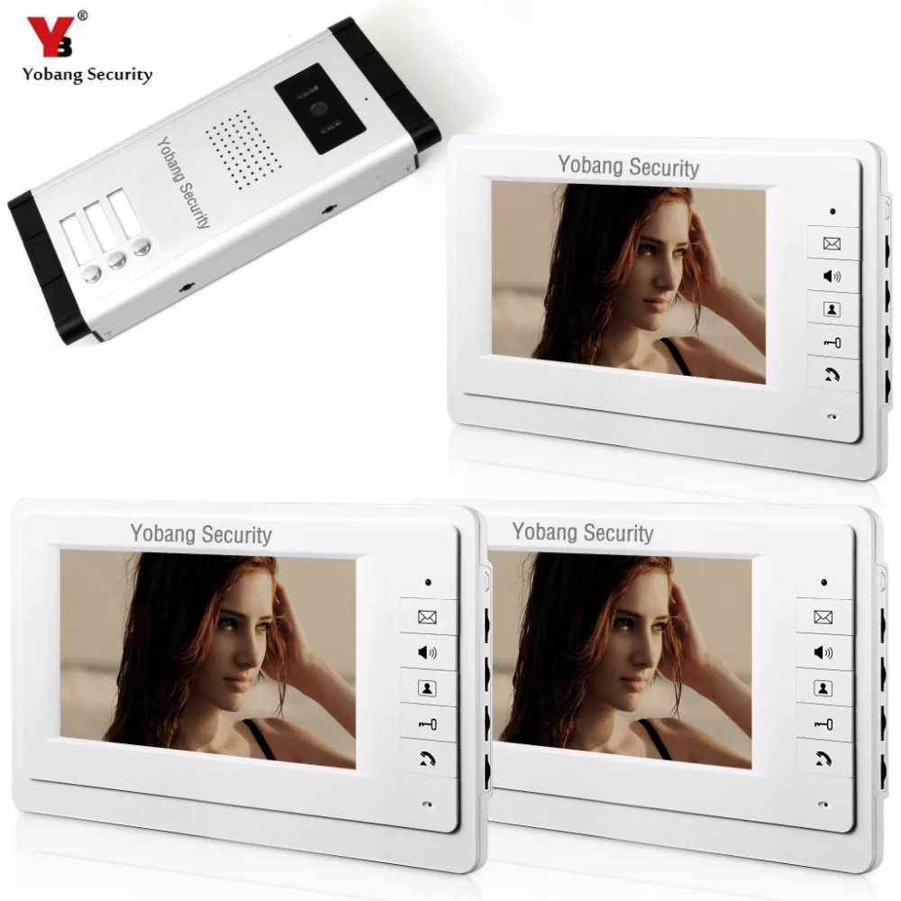 

Yobang Security 7 Inch Wired Video Door Phone Visual Intercom Doorbell with 3* Monitor+1* Camera For 3 Units Apartment Intercom