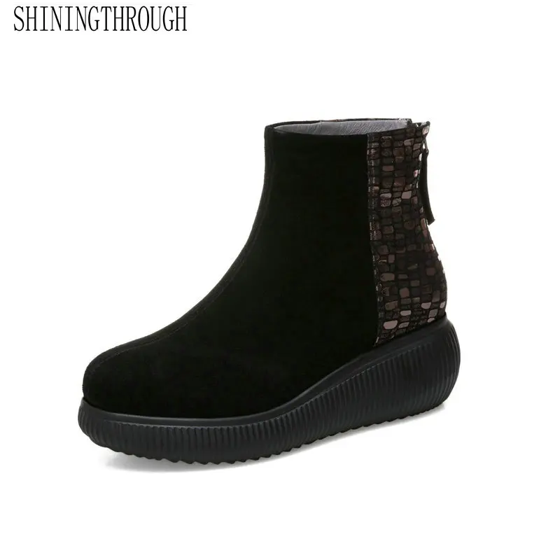 

Genuine Leather Women Amkle Zipper Boots Wedges High Heel Women Shoes Black Spring Autumn Party Ladies Dancing Shoes