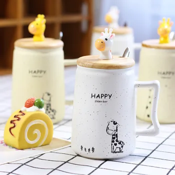 

350ml Cartoon Milk Mug Giraffe Ceramic Cup Creative Cover with Spoon Mug Breakfast Cup Coffee Mug