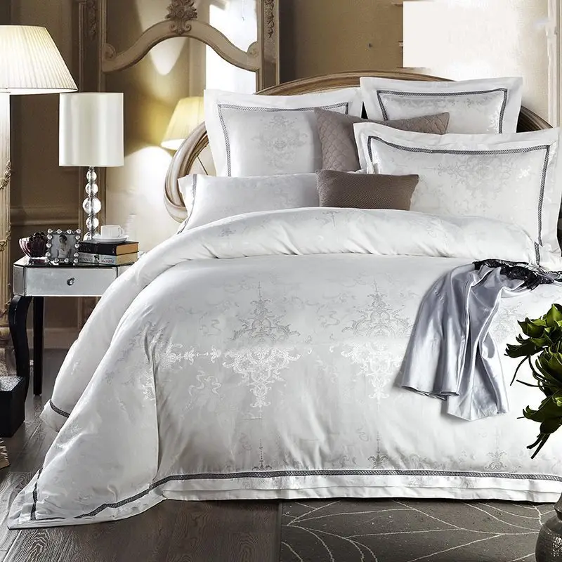 White Jacquard Silk Bedding Set For Queen King Size 4pcs