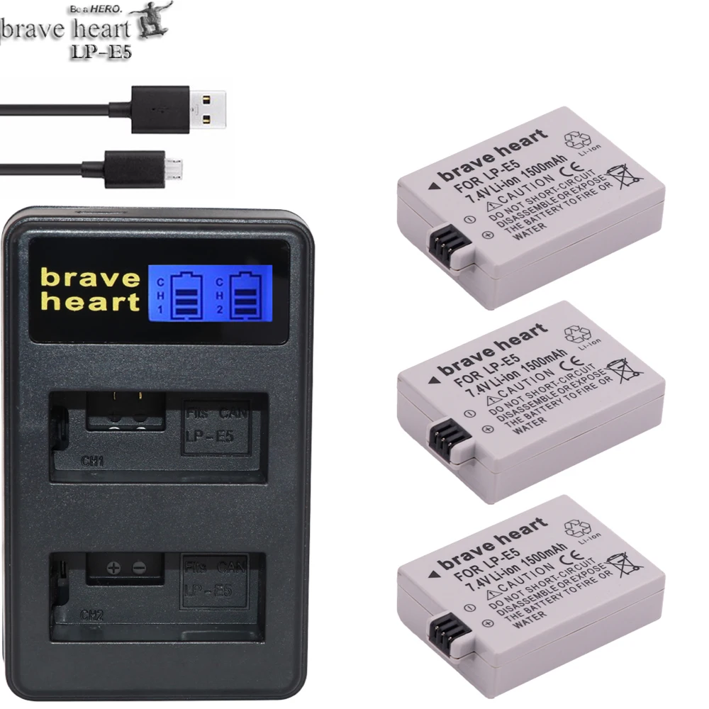 brave heart 3x bateria LP E5 Battery pack lp e5 lpe5 + dual charger For