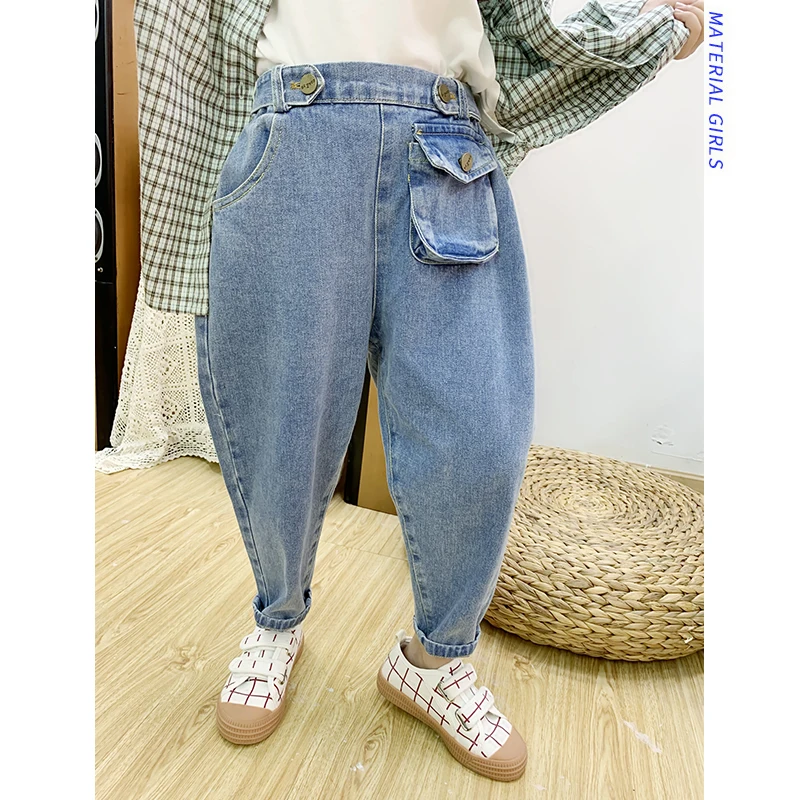 

Girls jeans 2019 autumn new loose pockets waist wild thin children's denim pants tide