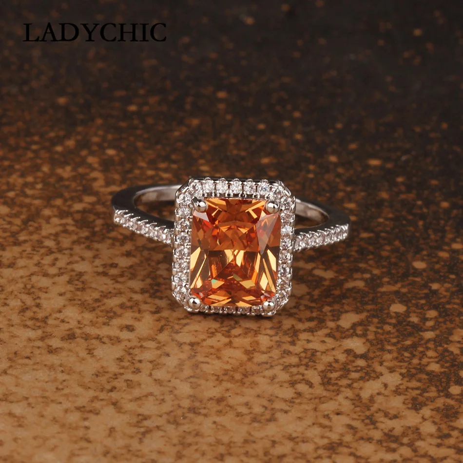 

LADYCHIC New Design Orange Big Zircon Wedding Rings Silver Color Luxury Engagement Ring for Women Trendy Crystal Jewelry LR1087