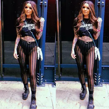 

2019 Brand New Summer Ladies Women's Mesh Striped Sexy Leggings See-Through Casual Perspective Pants Trousers S-XL