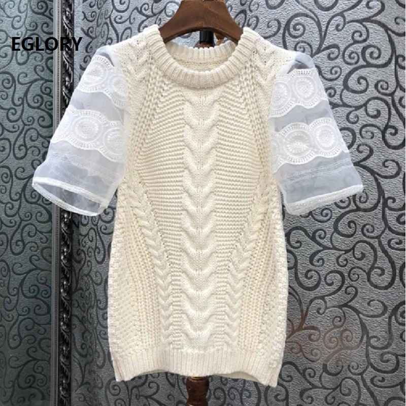 

High Quality New 2019 Autumn Sweater Pullovers Women Sexy Sheer Sleeve Patchwork Vintage Knitted Jumpers Black Beige Tops Female