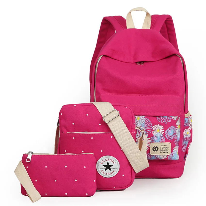 3PCS Lot Fashion Floral Painting Design Women Shoulders Bag Backpack Durable Canvas School Bag Backpack for