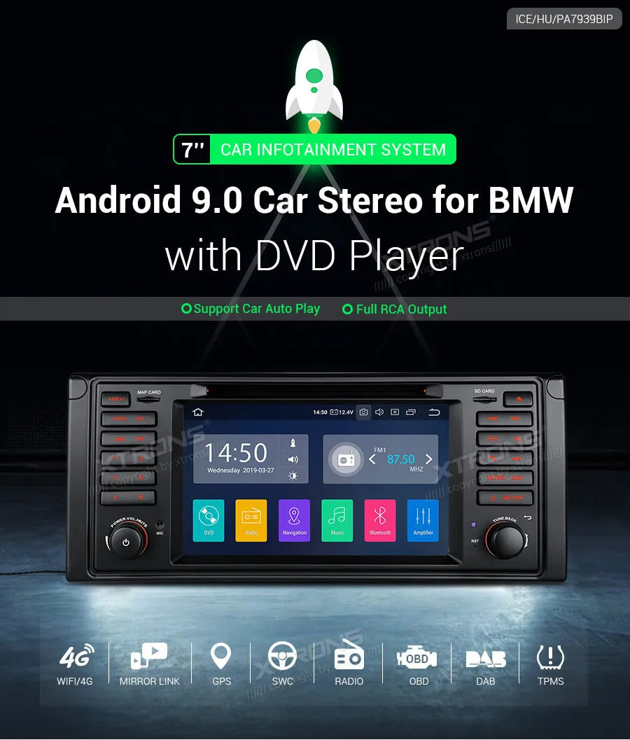 Clearance 7" Quad-Core 1.5GHz CPU Android 9.0 Pie OS Car DVD Multimedia GPS Radio for BMW E39 M5 1999-2003 & E39 1995-2003 & E38 1994-2001 1