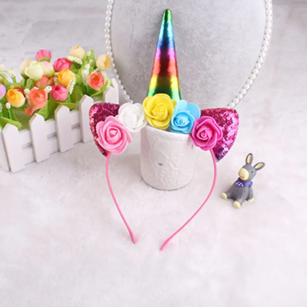 

Unicorn Headband Shiny Unicorn Horn Ears Flower Headdress for Kids Party Cosplay