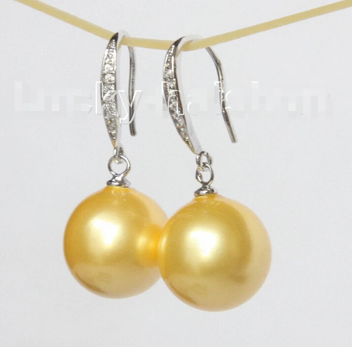 

> 14mm round golden south sea shell pearls Earrings 925 silver hook j10521