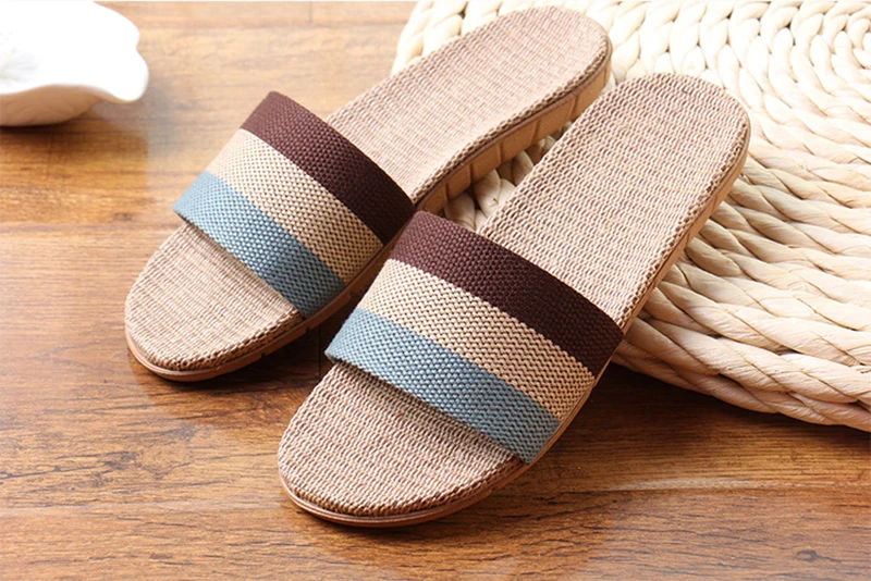 Summer Home Slippers Men Shoes Linen Flip Flops Striped Couples Slides Antiskid Indoor Slippers Flat Home Shoes Pantoufle Homme