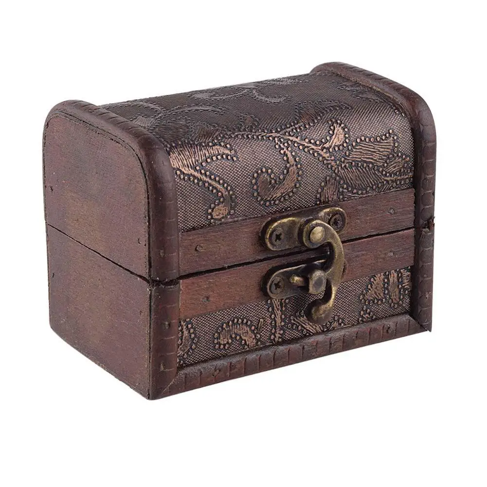 1PC Europe Style Vintage Small Metal Lock Jewelry Storage Box Wood Case Q