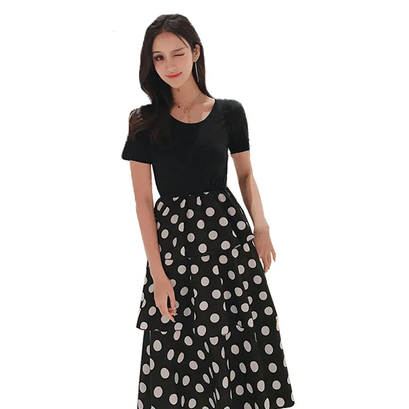 

Polka Dot Dress Midi Black White Summer Patchwork Fake Two Piece Women Short Sleeve Chiffon Long Layer Ruffles Dresses Ladies