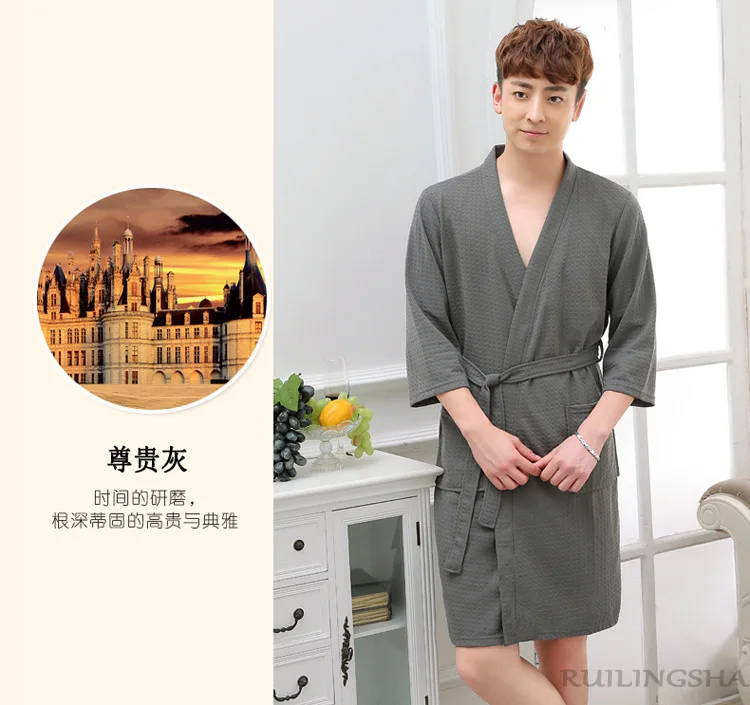 Men Summer Sleeping Robe Long Japanese Bathrobe Solid Men's Bath Robes Plus Size Thick Fabric Bath Wearing Clothing 2018 New (19)