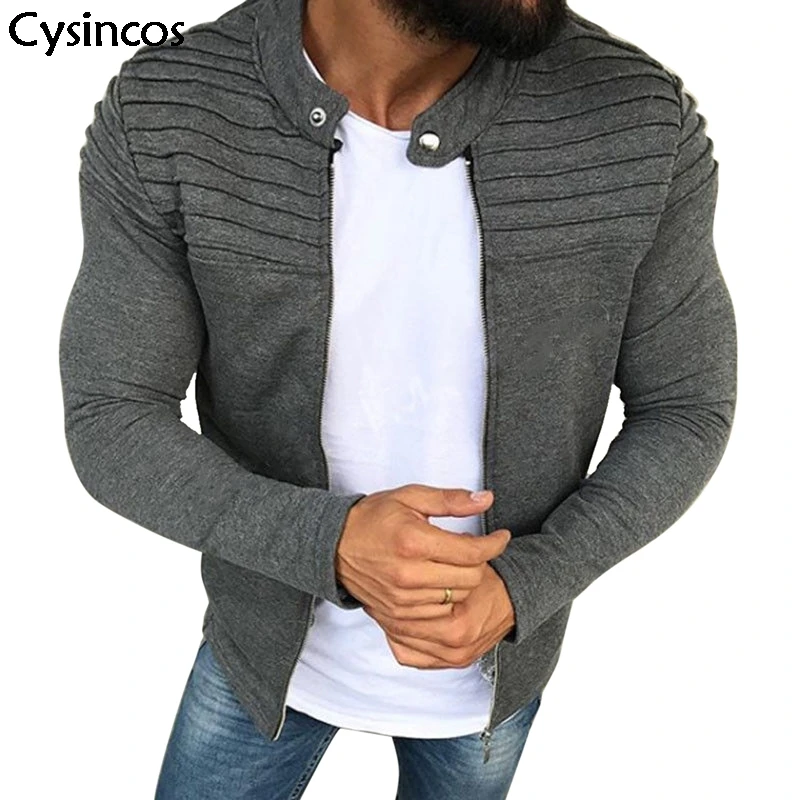 

Cysincos Men's Casual Jacket Zipper Pleat Long Sleeve Streetwear Slim Cotton Covercoat Male Fashion Autumn Spring Tops Plus Size