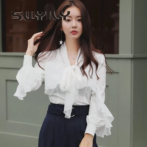 SWYIVY Women Blouse White Chiffon Slim Shirts Woman 2018 Spring Summer  Irregular Shirt Women Office Ladies Blouse With Bown XL