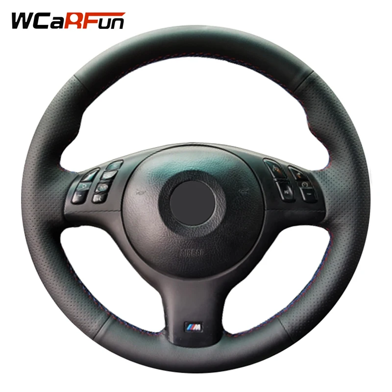 WCaRFun Black Genuine Leather Car Steering Wheel Cover for BMW E46 E39
