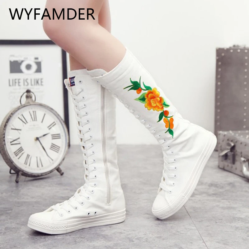 Женские высокие парусиновые сапоги WYFAMDER модные до колена на платформе со