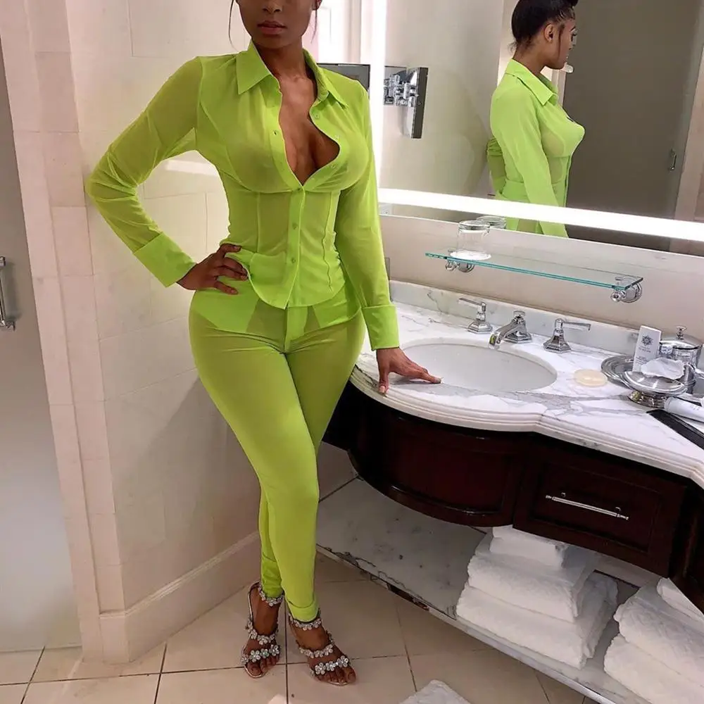 

2019 Mesh See Through Sexy Jumpsuit Women Long Sleeve Buttons Summer Rompers Skinny Pencil Pants Two Piece Set Women Outfits