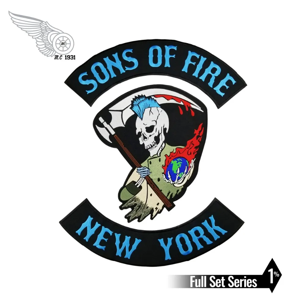 Детский мотоциклетный жилет с аппликацией SONS OF FIRE NEW YORK SKULL REAPER|biker mc|sons ofbiker mc patches |