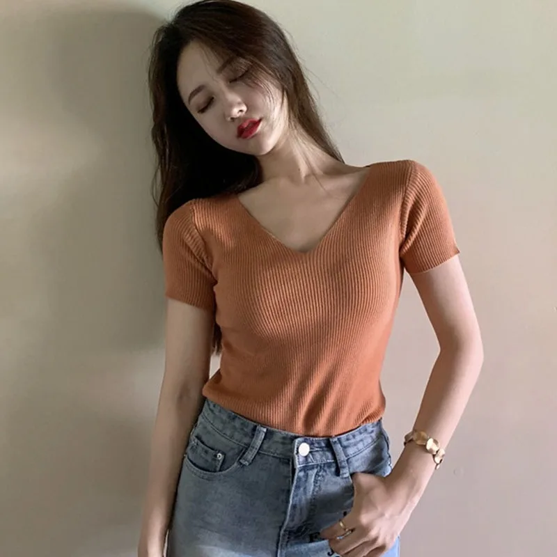 

V-neck Knit Crop T-shirt Women Casual Summer Short Sleeve Sexy Slim Top Female Basic T Shirt Top