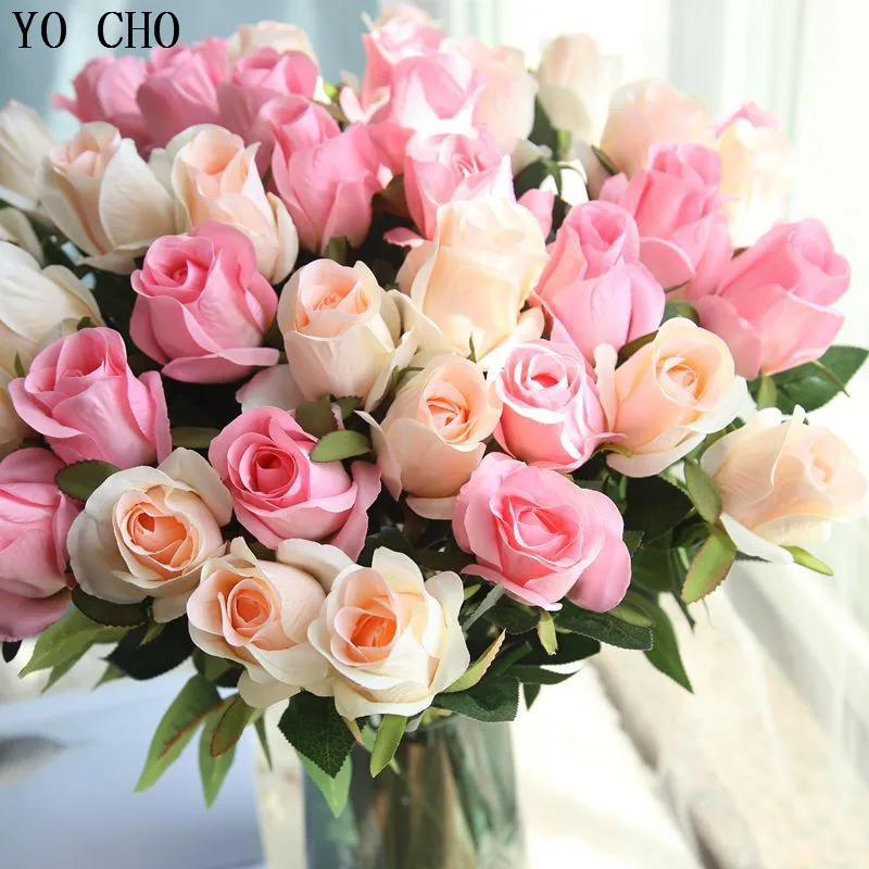 YO CHO 5pcs Artificial Flowers High Quality Samantha Rosebud Silk Flowers For Bridal Bouquet Wedding Decor DIY Gift Silk Flower