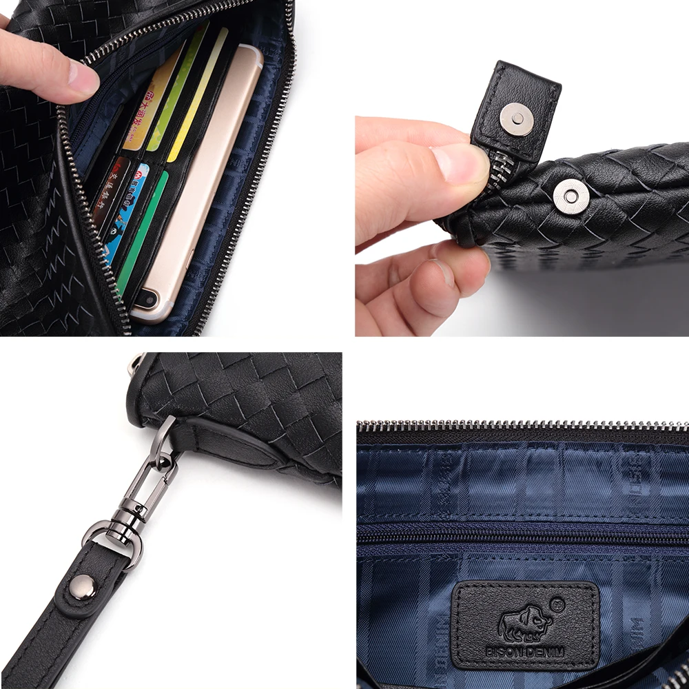 Мужской Длинный кошелек BISON DENIM коричневый брендовый клатч из натуральной