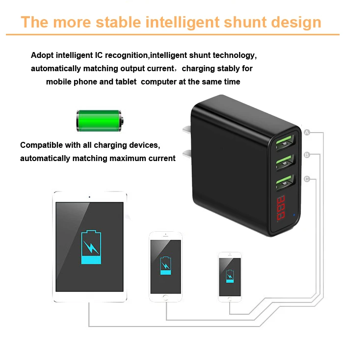 XHDATA 5 в 3 А USB 3,0 зарядное устройство для мобильного телефона с 3 разъемами выходной адаптер быстрая интеллектуальная AC100-240V/50-60 Гц зарядка