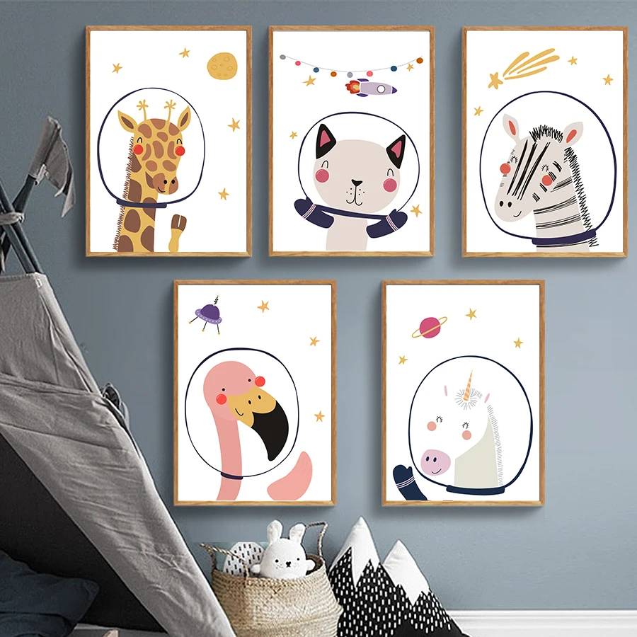 Детские Wall Art Изображение из мультфильма Животные космонавта холст для живописи