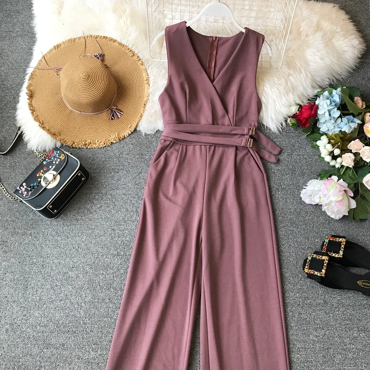 Sleeveless V-neck High Waist Sashes Wide Leg Jumpsuit